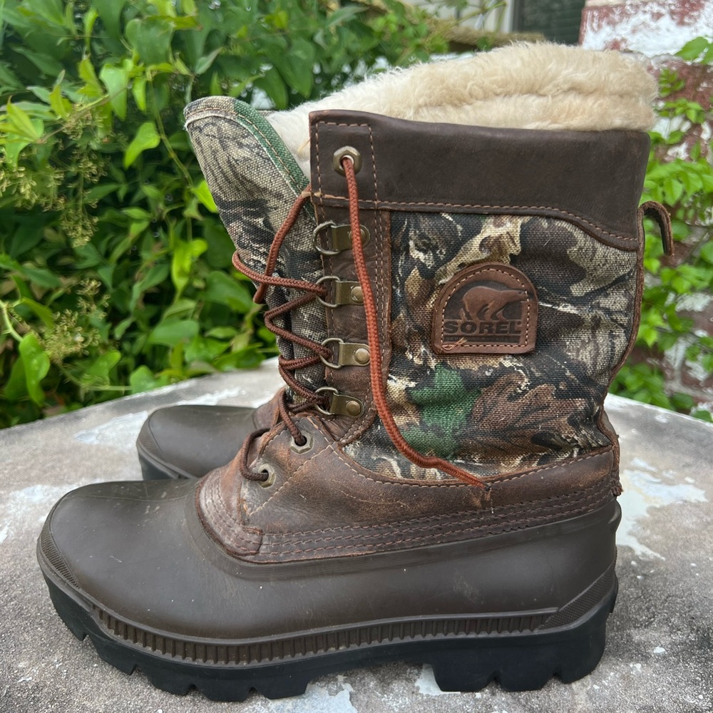 SOREL Kaufman Mens Steel Shank Wool Lined Boots Size 9 Made USA Camouflage